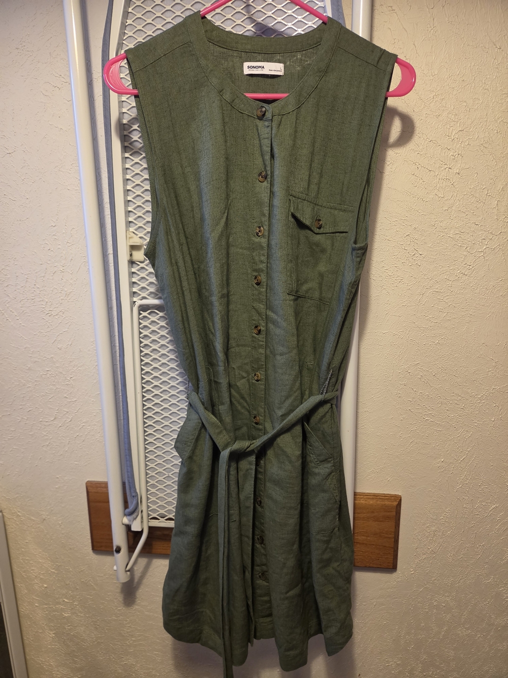 Sonoma Olive Green Sleeveless Button-Front Dress with Waist Tie